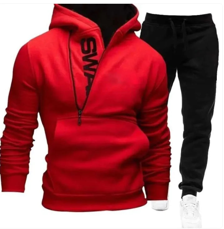 Side zipper contrast color hooded men's sweater suit