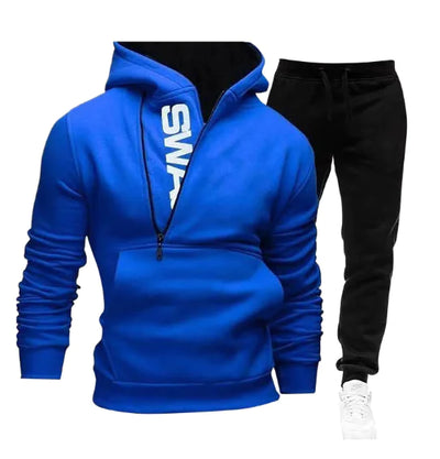 Side zipper contrast color hooded men's sweater suit