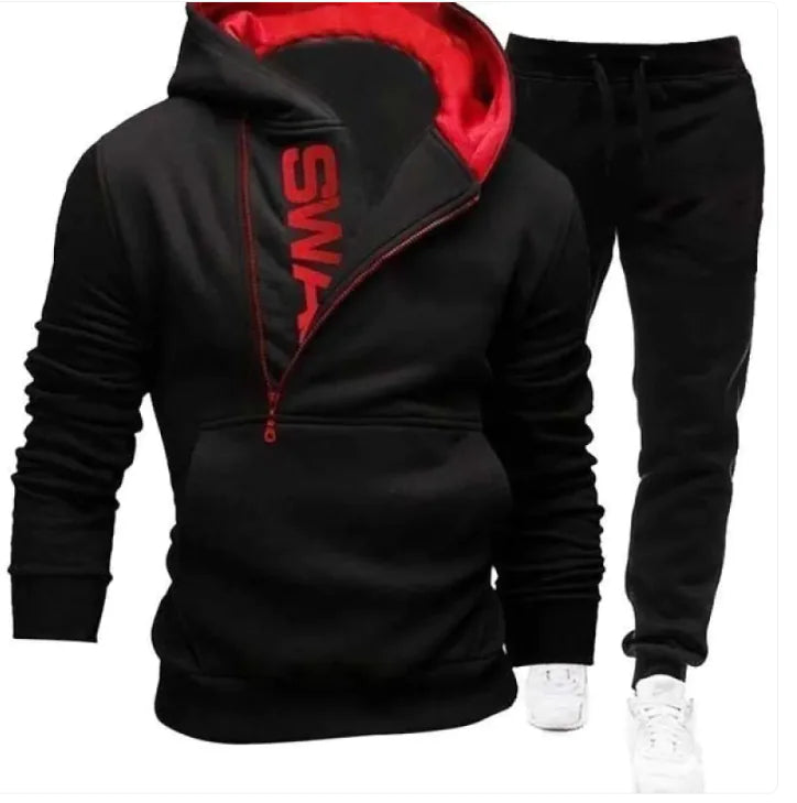 Side zipper contrast color hooded men's sweater suit