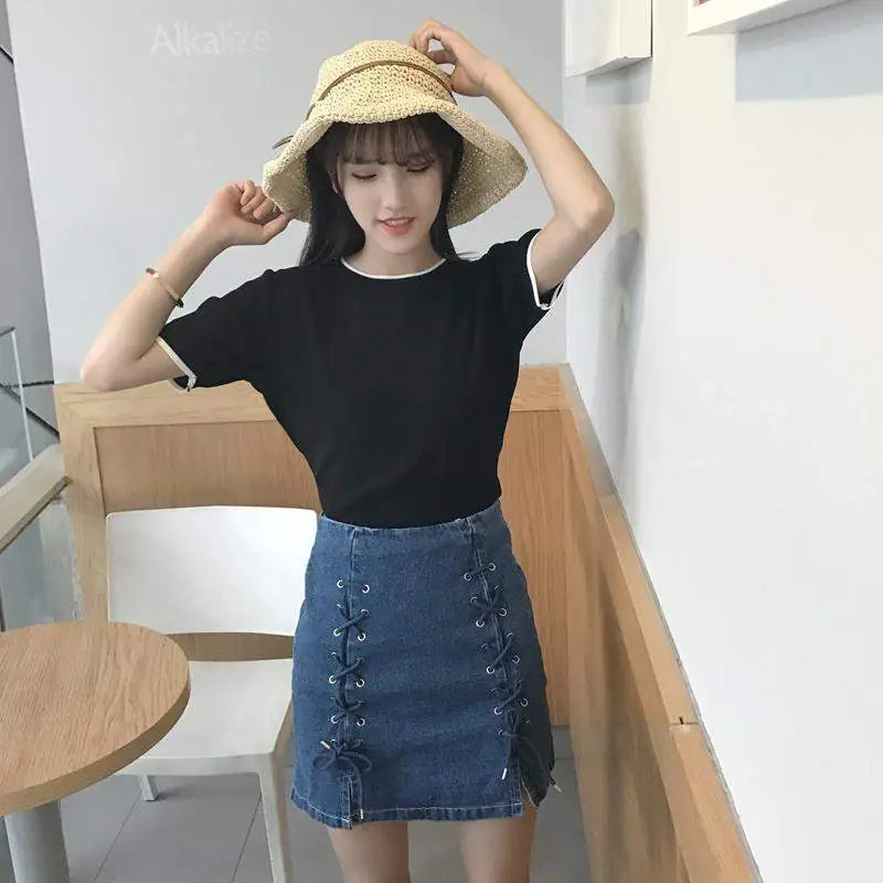 Women Denim Lace-Up Skirt