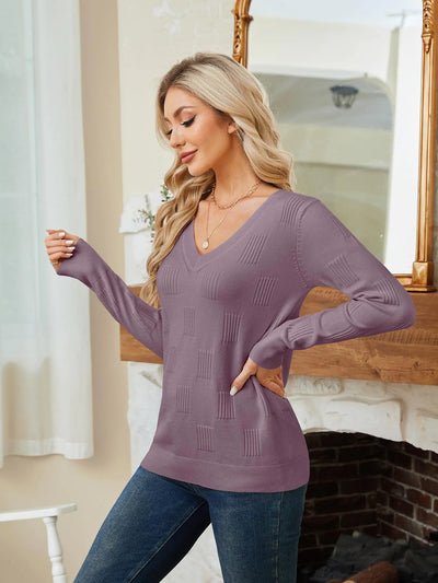 Sweaters for Women Trendy Fall Fashion 2024 Womens Long Sleeve Tops Shirts Blouses V Neck Casual Women's Pullover Sweater Grey Purple Large