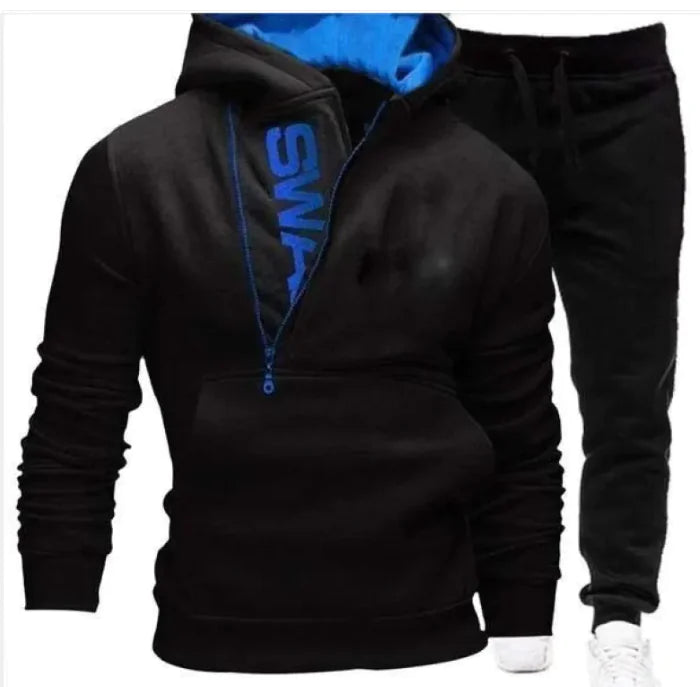 Side zipper contrast color hooded men's sweater suit