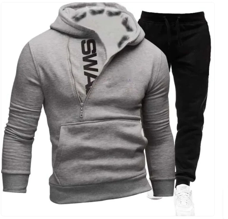 Side zipper contrast color hooded men's sweater suit